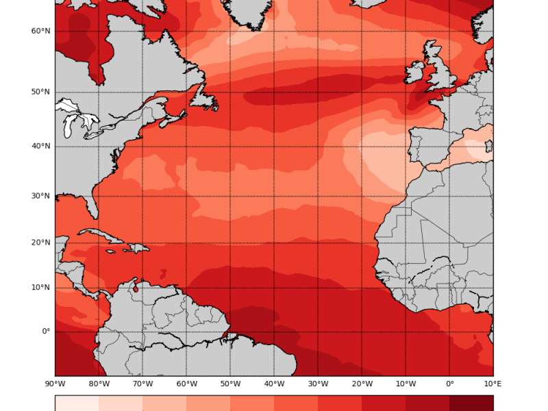 Analiza oblačnosti nad Atlantikom v 10. mesecu (svetlejše barve označujejo mesta z manjšo stopnjo oblačnosti)